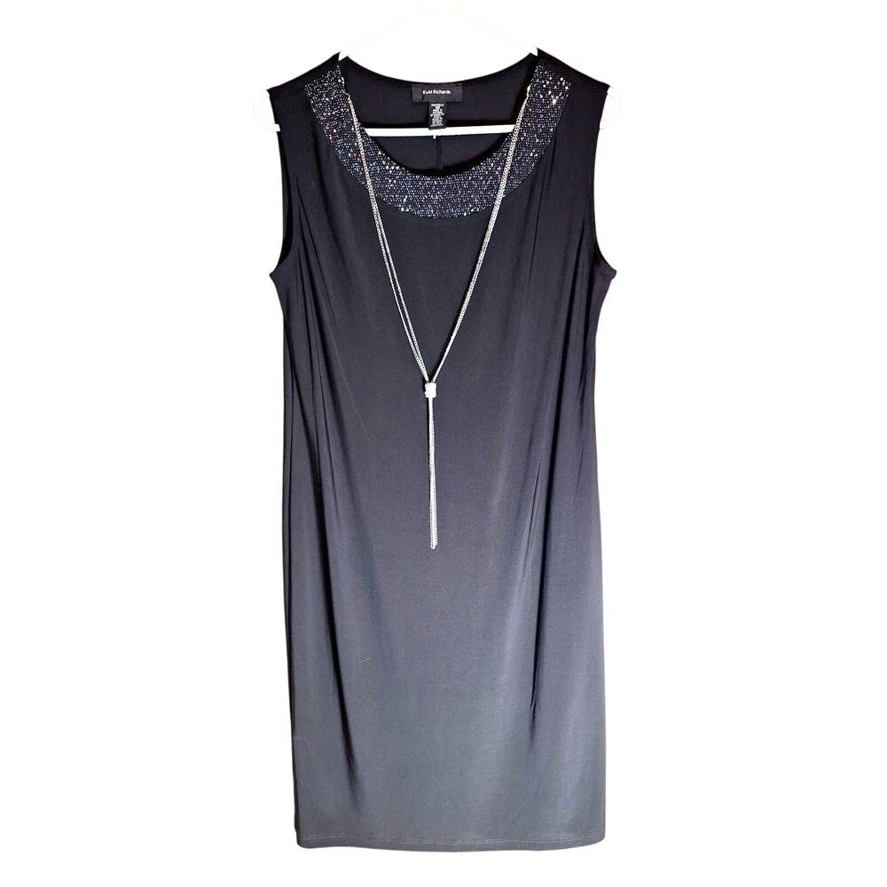 R&M Richards Women's Black Dress | Beaded Neckline, Attached Silver Necklace